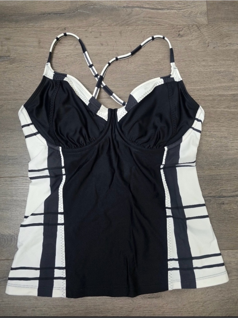 Athleta Black and White Striped Swim Tank with Crisscross Straps